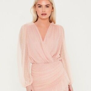 Saint Genies Fairy Pink Polka Dot‎ Mesh Bodysuit Sheer Balloon Sleeve Size 8